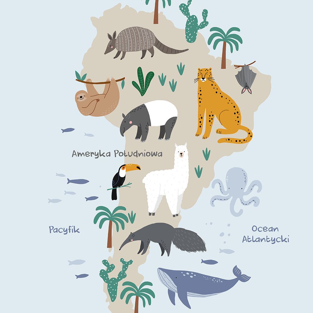 Plakat Mapa Zwierząt - Ameryka Południowa - Kolekcja Świat