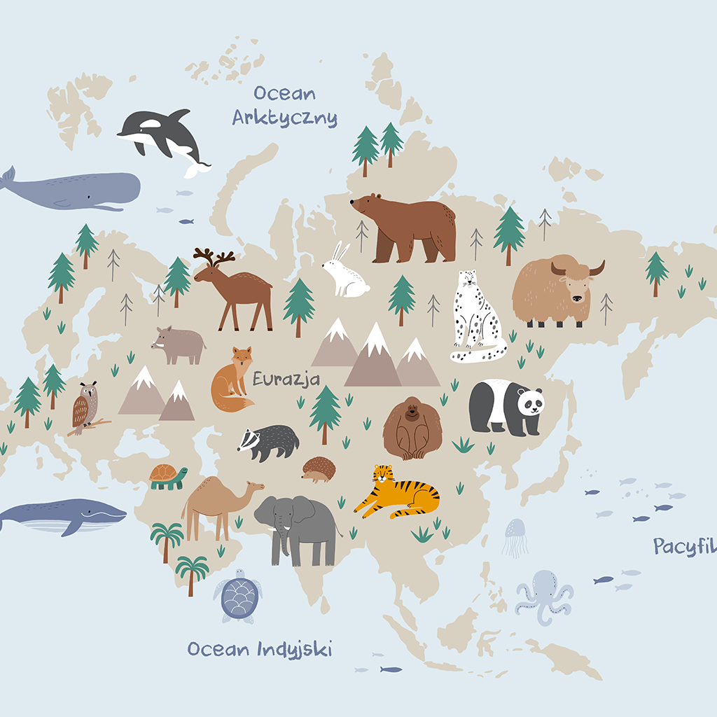 Plakat Mapa Zwierząt - Eurazja - Kolekcja Świat